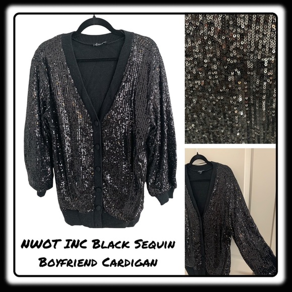 NWT INC Sequined Black Long Boyfriend Cardigan Large Get your “Shimmer On” - Picture 1 of 9